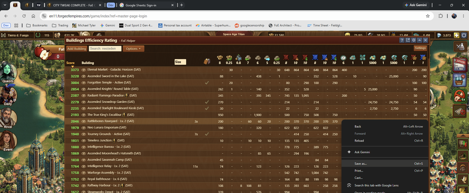 Right-click Save as on the FoE Helper Buildings Efficiency Rating page