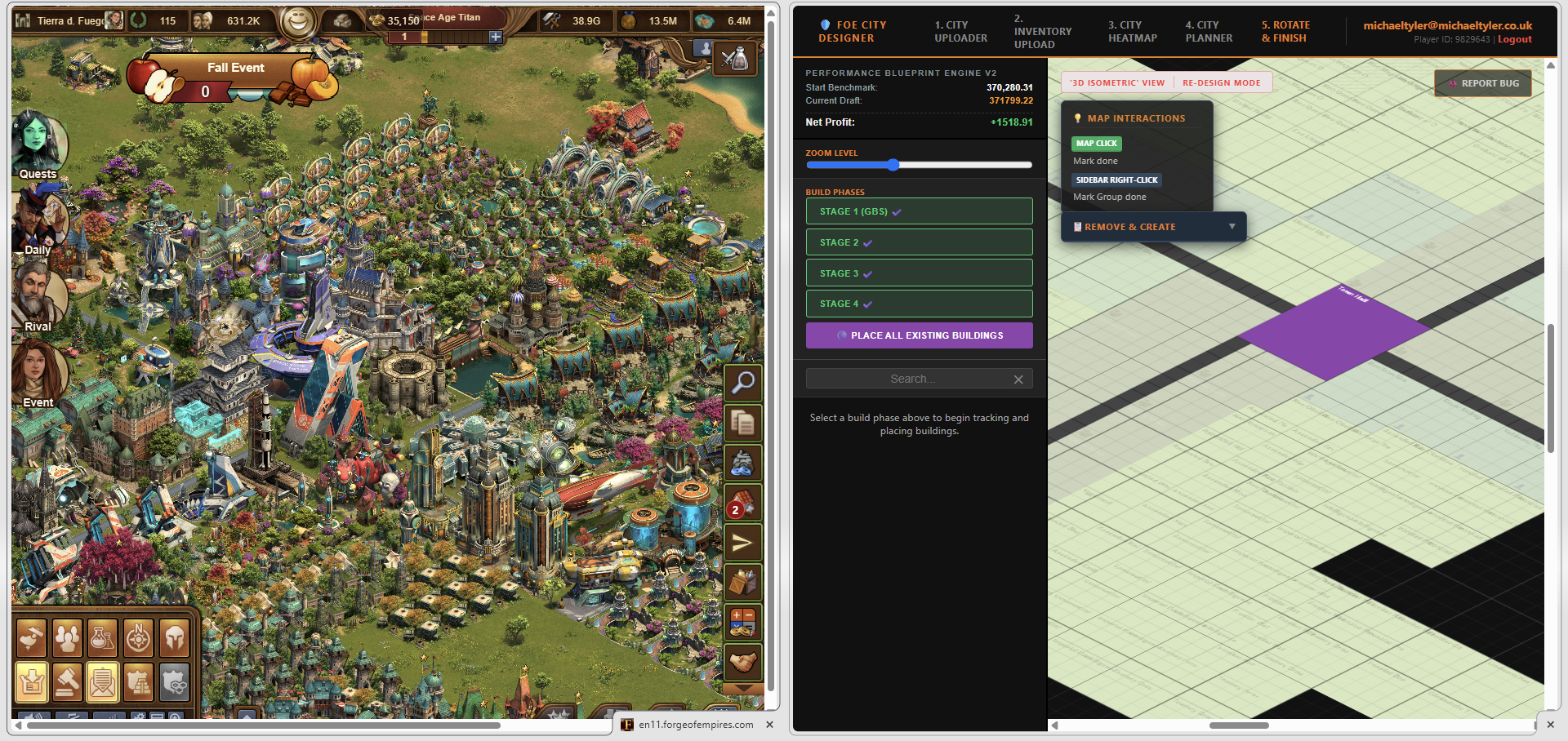 Forge of Empires game window side by side with the Rotate and Finish planner showing the next building to place
